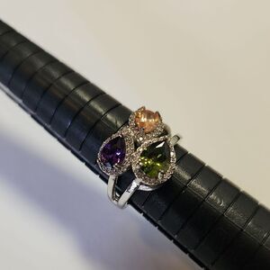 Elegant Multi Glass Stone Silver Plated Ring Size 7.5